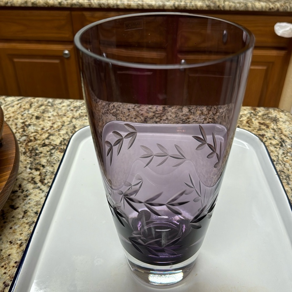Tarnow Poland Purple Floral Etched Glass Vase Weight Bottom